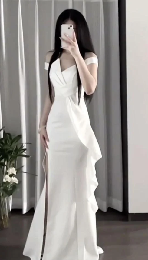 Pretty Mermaid Off-the-Shoulder Satin Ruffles Slit Without Sleeves Long Prom Dress, Evening Dress - FashionDia