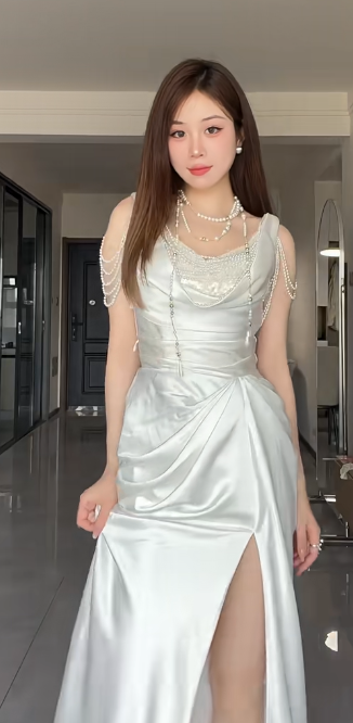 Elegant White Mermaid Satin Beaded Slit Without Sleeves Long Prom Dress, Evening Dress - View 2 | FashionDia