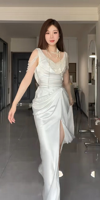 Elegant White Mermaid Satin Beaded Slit Without Sleeves Long Prom Dress, Evening Dress - View 3 | FashionDia