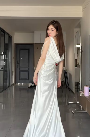 Elegant White Mermaid Satin Beaded Slit Without Sleeves Long Prom Dress, Evening Dress - View 4 | FashionDia