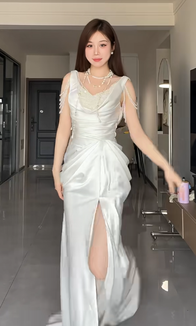 Elegant White Mermaid Satin Beaded Slit Without Sleeves Long Prom Dress, Evening Dress - View 6 | FashionDia
