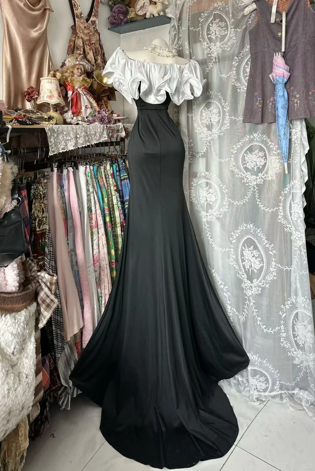 Elegant Mermaid Ruffle Neck Satin Without Sleeves Long Prom Dress, Evening Dress - View 2 | FashionDia