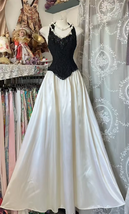 Classy A-Line Halter Satin Lace Without Sleeves Long Prom Dress, Evening Dress - FashionDia