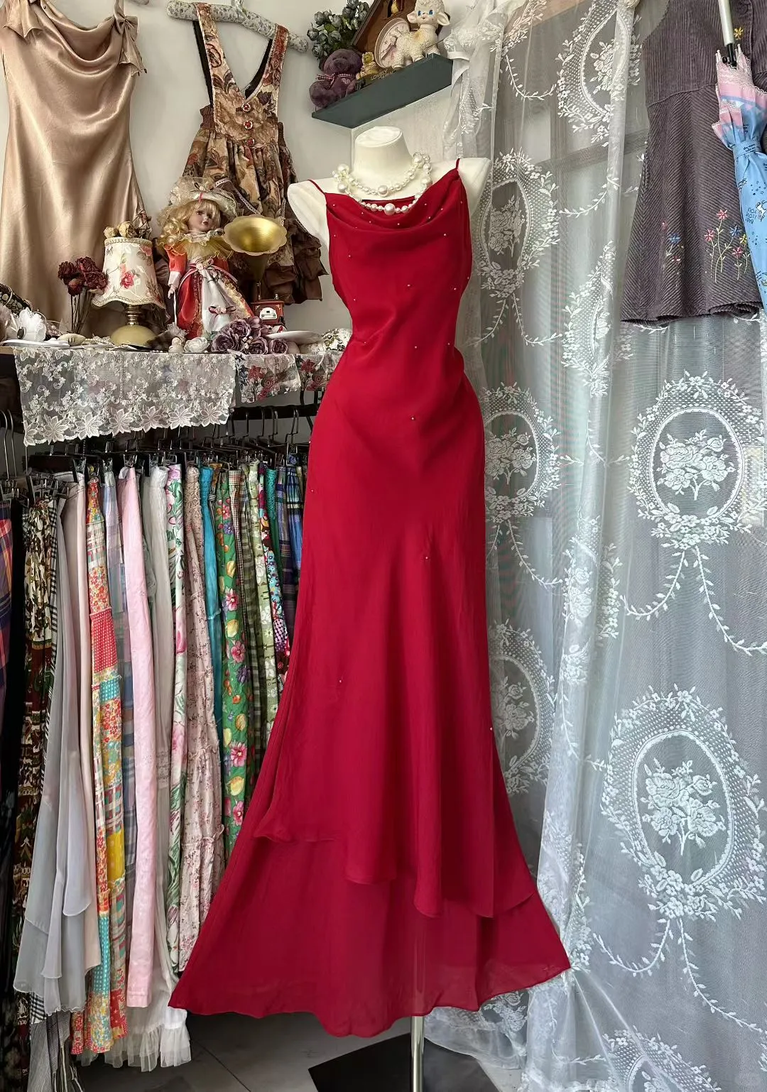 Charming Mermaid Red Spaghetti Straps Chiffon Beaded Without Sleeves Long Prom Dress, Evening Dress - FashionDia