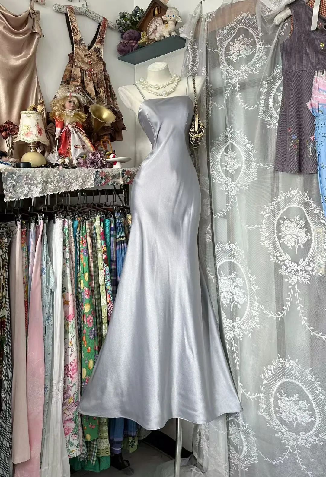 Gray Simple Mermaid Spaghetti Straps Satin Without Sleeves Long Prom Dress, Evening Dress - View 2 | FashionDia