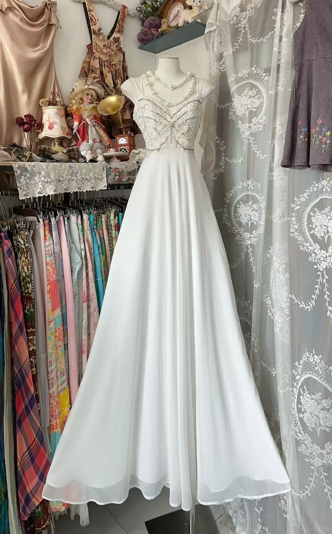 White Elegant A-Line Spaghetti Straps Chiffon Lace Without Sleeves Long Prom Dress, Evening Dress - FashionDia