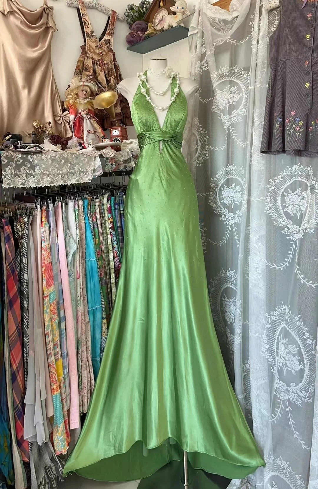 Green Mermaid Halter Satin Beaded Without Sleeves Long Prom Dress, Evening Dress - FashionDia