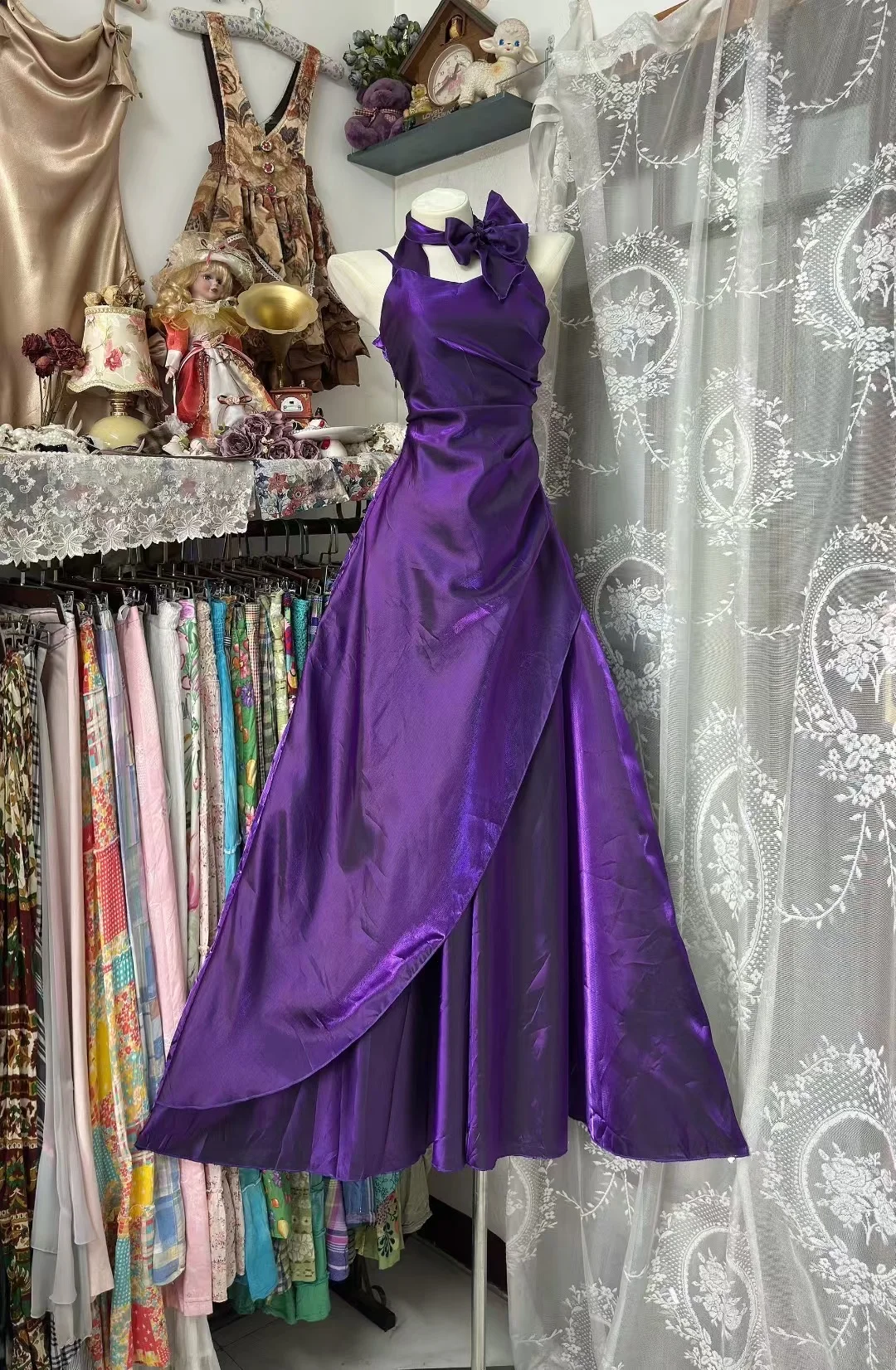 Classy A-Line Halter Purple Satin Without Sleeves Long Prom Dress, Evening Dress - FashionDia