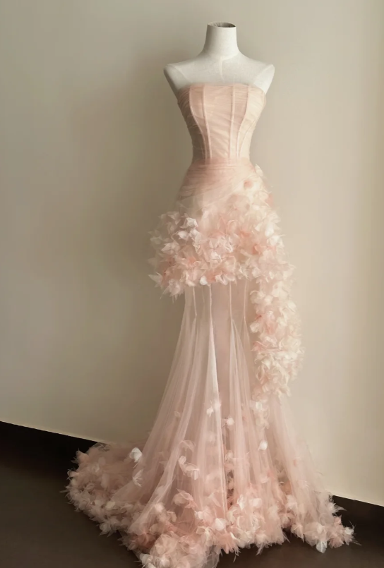 Pretty Mermaid Strapless Tulle Applique Without Sleeves Long Prom Dress, Evening Dress - FashionDia
