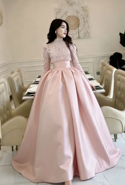 Pink Formal A-Line Lace High Neck Satin Long Sleeves Long Prom Dress, Evening Dress - FashionDia
