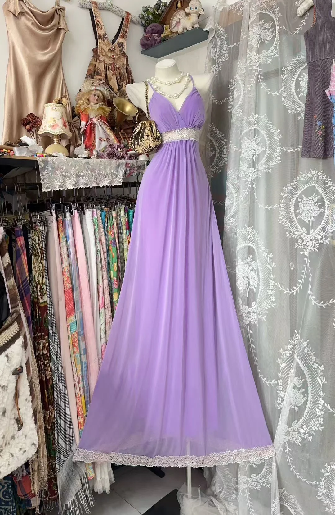 Elegant A-Line Lilac Spaghetti Straps Tulle Lace Without Sleeves Long Prom Dress, Evening Dress - FashionDia