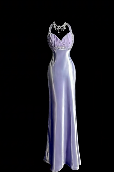 Lilac Mermaid Halter Satin Without Sleeves Long Prom Dress, Evening Dress - FashionDia