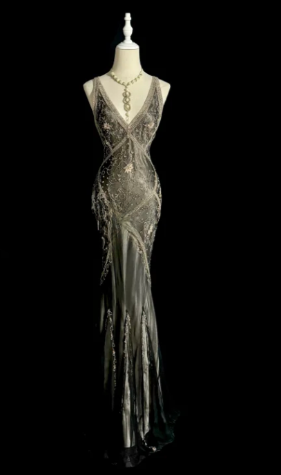Vintage Mermaid V-Neck Satin Beaded Without Sleeves Long Prom Dress, Evening Dress - FashionDia
