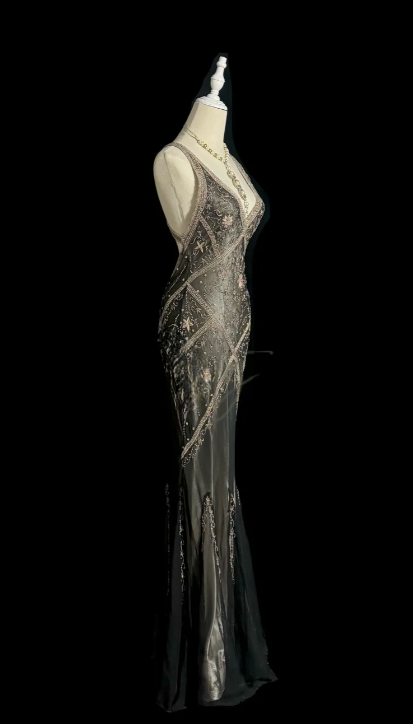 Vintage Mermaid V-Neck Satin Beaded Without Sleeves Long Prom Dress, Evening Dress - View 3 | FashionDia