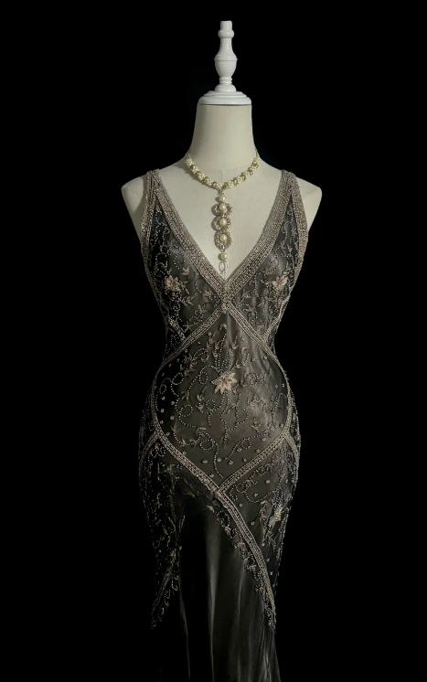 Vintage Mermaid V-Neck Satin Beaded Without Sleeves Long Prom Dress, Evening Dress - View 5 | FashionDia