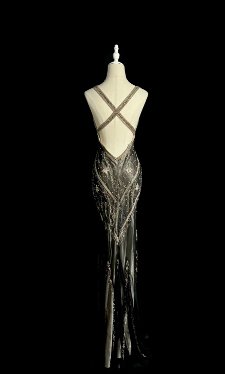 Vintage Mermaid V-Neck Satin Beaded Without Sleeves Long Prom Dress, Evening Dress - View 6 | FashionDia