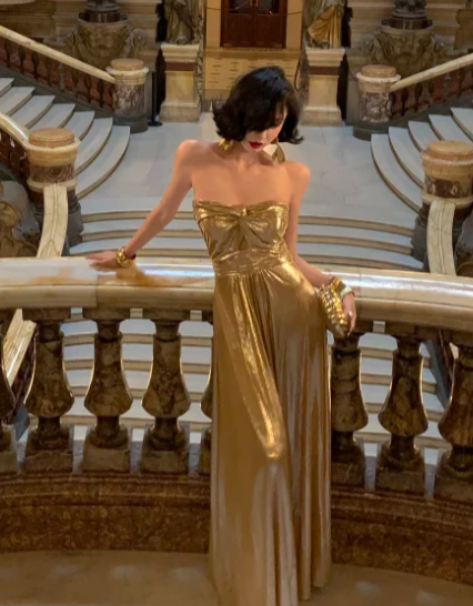 Gold A-Line Strapless Satin Without Sleeves Long Prom Dress, Evening Dress - FashionDia