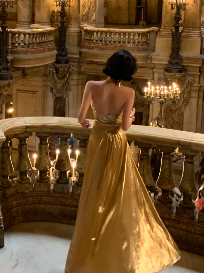 Gold A-Line Strapless Satin Without Sleeves Long Prom Dress, Evening Dress - View 2 | FashionDia