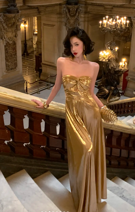 Gold A-Line Strapless Satin Without Sleeves Long Prom Dress, Evening Dress - View 3 | FashionDia