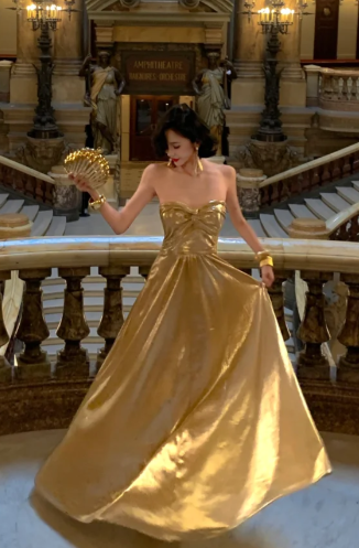 Gold A-Line Strapless Satin Without Sleeves Long Prom Dress, Evening Dress - View 4 | FashionDia