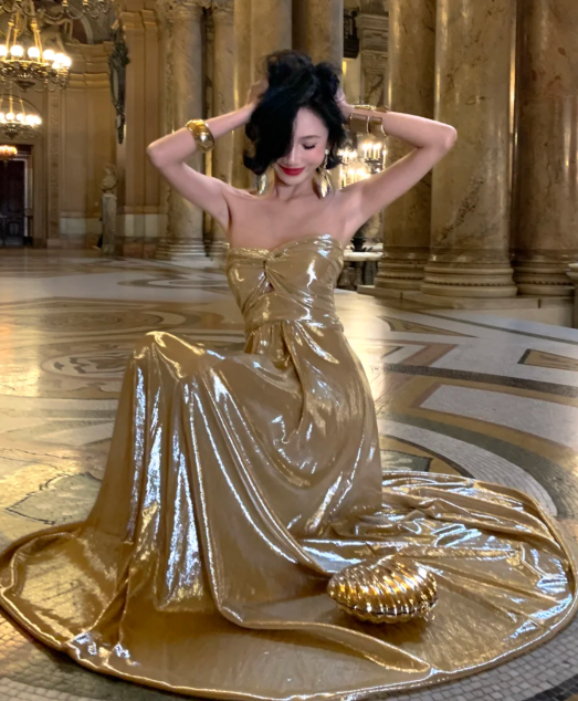 Gold A-Line Strapless Satin Without Sleeves Long Prom Dress, Evening Dress - View 5 | FashionDia