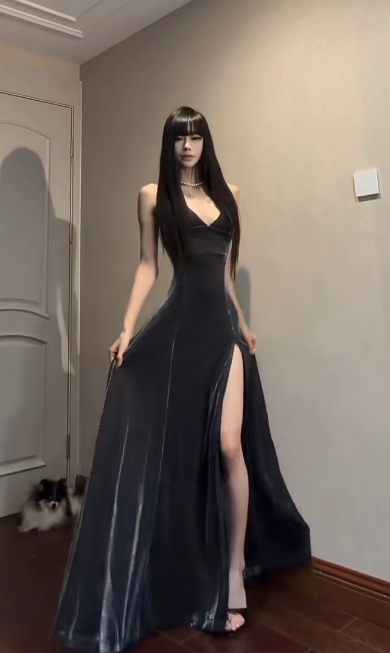 Charming A-Line Spaghetti Straps Satin Slit Without Sleeves Long Prom Dress, Evening Dress - FashionDia