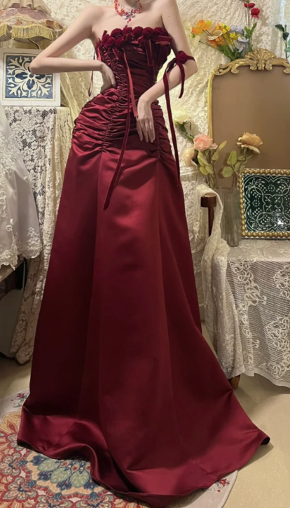 Chic A-Line Burgundy Strapless Satin Without Sleeves Long Prom Dress, Evening Dress - View 2 | FashionDia