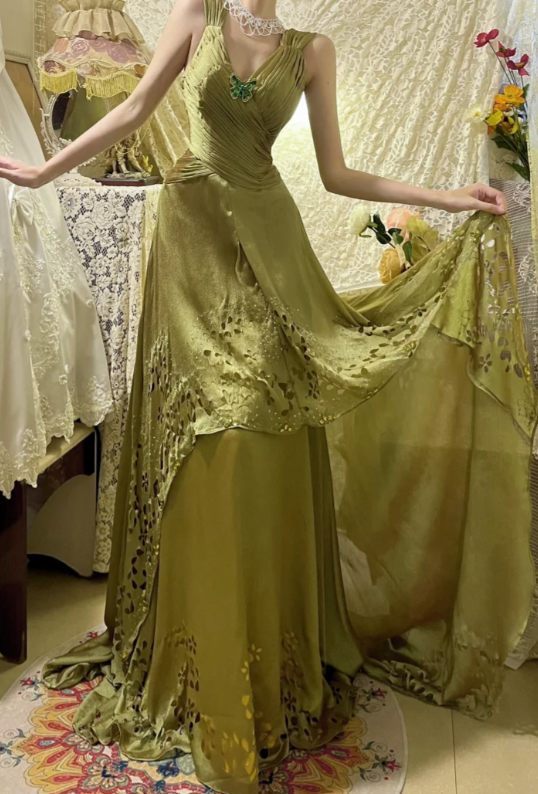 Chic A-Line V-Neck Satin Hollow Without Sleeves Long Prom Dress, Evening Dress - FashionDia