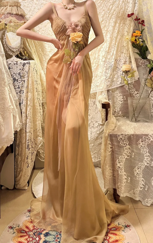 Elegant A-Line Spaghetti Straps Chiffon Without Sleeves Long Prom Dress, Evening Dress - FashionDia