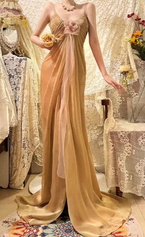 Elegant A-Line Spaghetti Straps Chiffon Without Sleeves Long Prom Dress, Evening Dress - View 3 | FashionDia