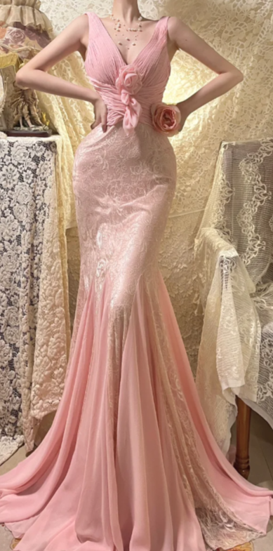 Stunning Pink Mermaid V-Neck Chiffon Lace Without Sleeves Long Prom Dress, Evening Dress - FashionDia
