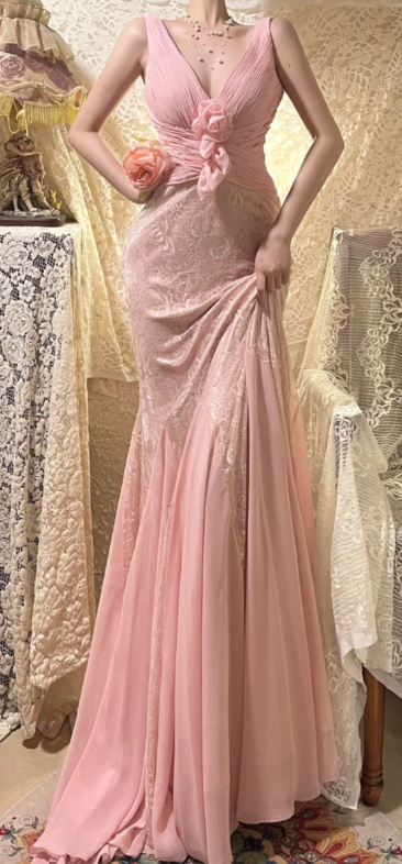 Stunning Pink Mermaid V-Neck Chiffon Lace Without Sleeves Long Prom Dress, Evening Dress - View 4 | FashionDia
