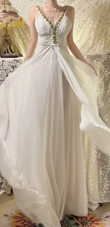 Elegant A-Line V-Neck Chiffon Beaded Without Sleeves Long Prom Dress, Evening Dress - FashionDia