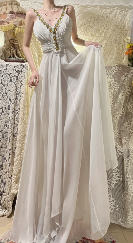 Elegant A-Line V-Neck Chiffon Beaded Without Sleeves Long Prom Dress, Evening Dress - View 4 | FashionDia