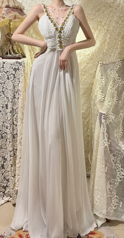 Elegant A-Line V-Neck Chiffon Beaded Without Sleeves Long Prom Dress, Evening Dress - View 5 | FashionDia