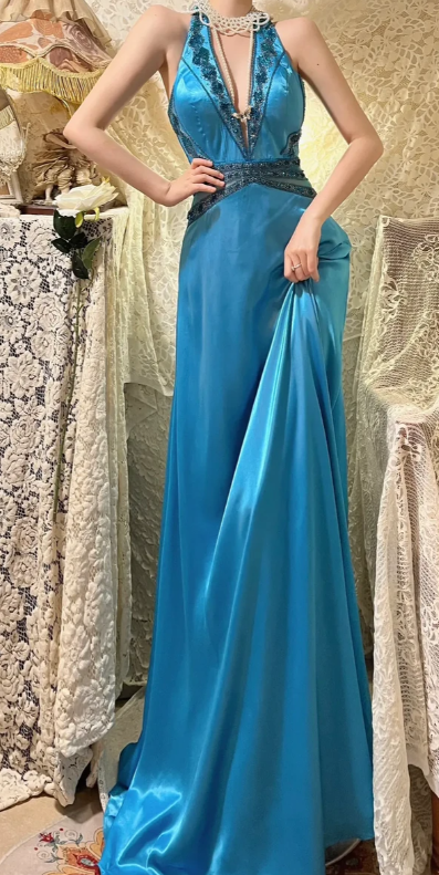 Classy Mermaid Halter V-Neck Satin Sequin Beaded Backless Without Sleeves Long Prom Dress, Evening Dress - FashionDia