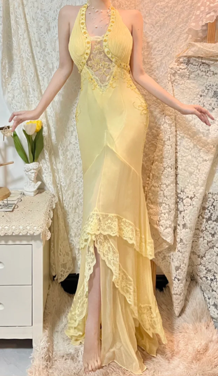 Pretty Pastel Yellow Mermaid Halter Chiffon Lace Long Prom Dress, Evening Dress - VelvetHem