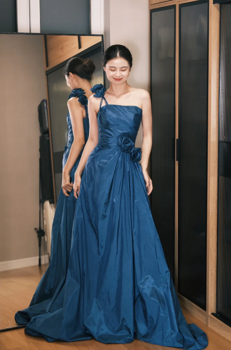 Elegant A-Line One-Shoulder Pleated Satin Long Prom Dress, Evening Dress - FashionDia