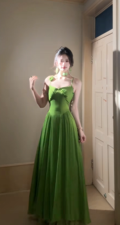 Charming Green A-Line Spaghetti Straps Satin Long Prom Dress, Evening Dress - FashionDia