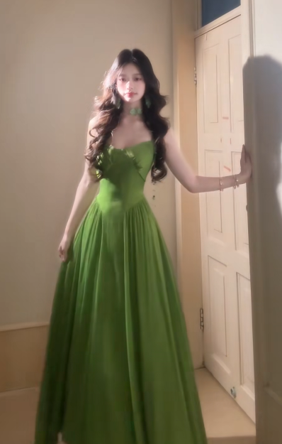 Charming Green A-Line Spaghetti Straps Satin Long Prom Dress, Evening Dress - View 2 | FashionDia