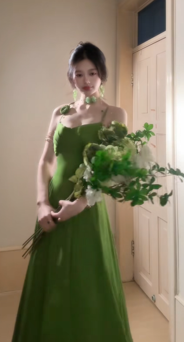 Charming Green A-Line Spaghetti Straps Satin Long Prom Dress, Evening Dress - View 4 | FashionDia