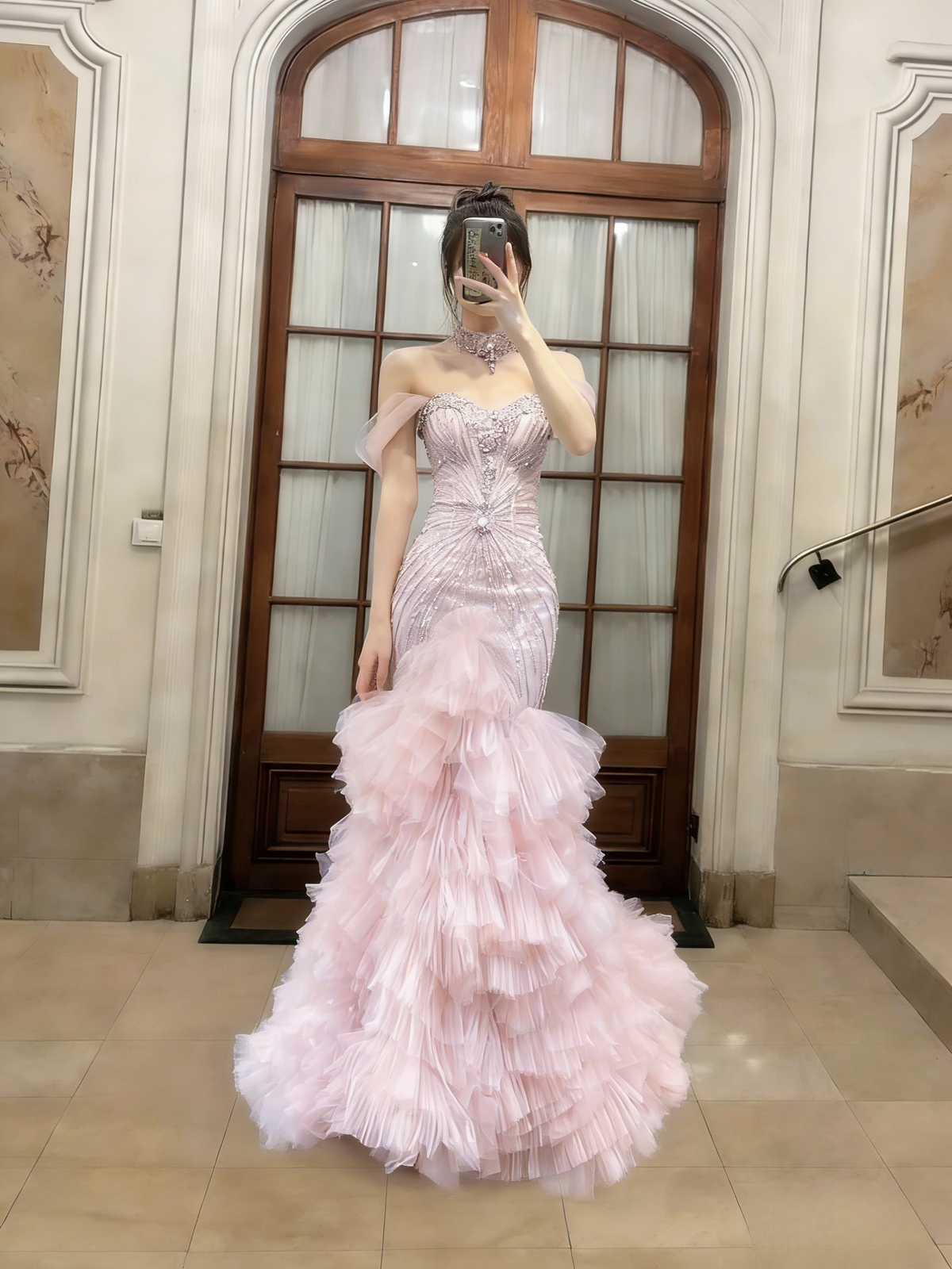 Charming Mermaid Off-the-Shoulder Pink Tulle Sequin Long Prom Dress, Evening Dress - FashionDia