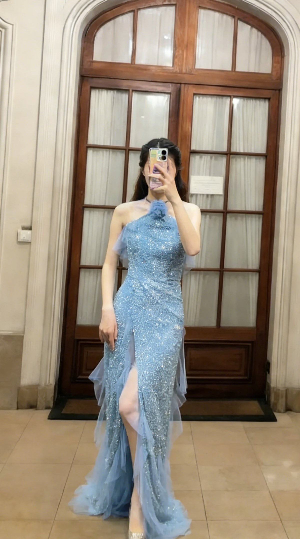 Sparkly Mermaid Halter Tulle Sequin Slit Long Prom Dress, Evening Dress - FashionDia