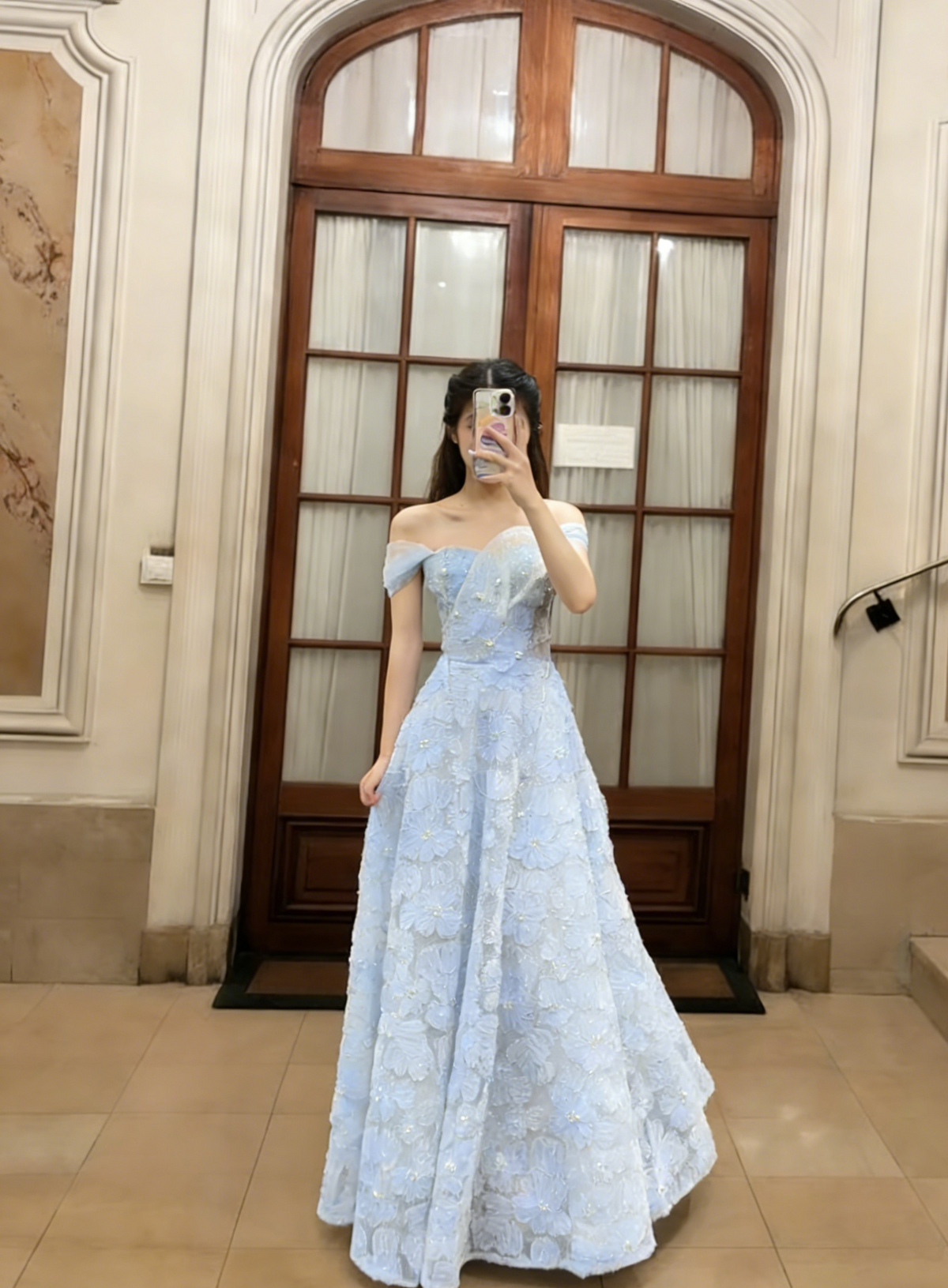 Sweet A Line Off The Shoulder Satin Lace Long Prom Dress, Evening Dress - VelvetHem