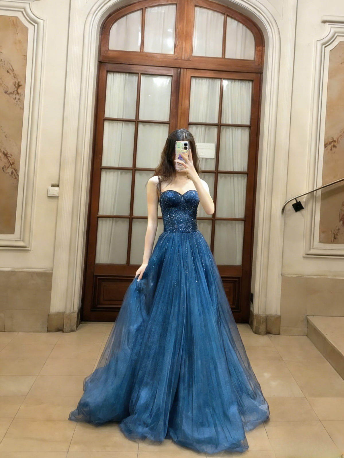 Elegant A-Line Spaghetti Straps Tulle Sequin Long Prom Dress, Evening Dress - FashionDia