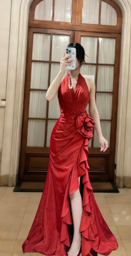Classy Mermaid Halter Satin Ruffle Slit Long Prom Dress, Evening Dress - FashionDia