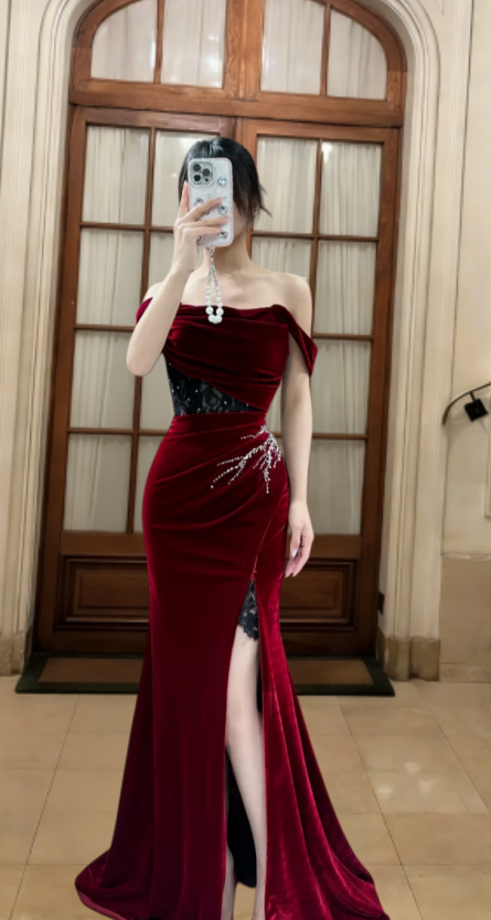 Obsessed Mermaid Burgundy Off-the-Shoulder Velvet Lace Slit Long Prom Dress, Evening Dress - FashionDia