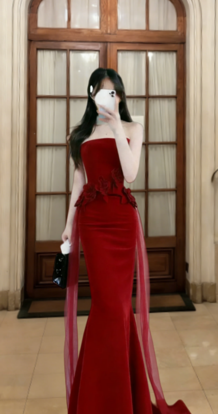Obsessed Mermaid Burgundy Strapless Satin Tulle Long Prom Dress, Evening Dress - FashionDia