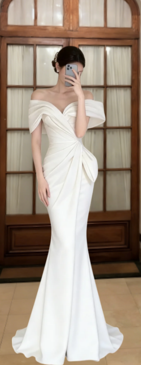 Elegant Mermaid Off-the-Shoulder Satin Long Prom Dress, Evening Dress - FashionDia