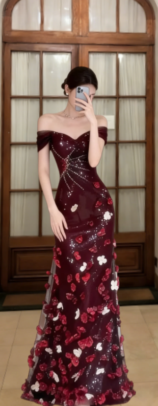 Gorgeous Mermaid Off-the-Shoulder Satin Tulle Applique Long Prom Dress, Evening Dress - FashionDia